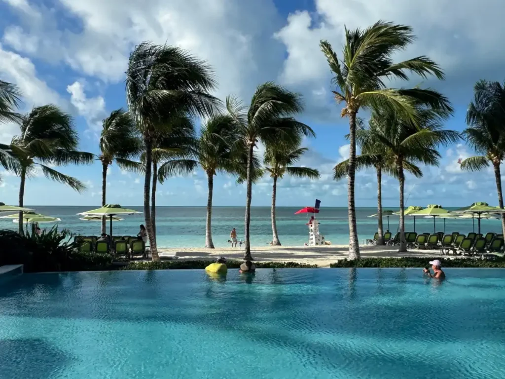 A scenic view of a beach club with pool loungers and tall palm trees by the ocean.