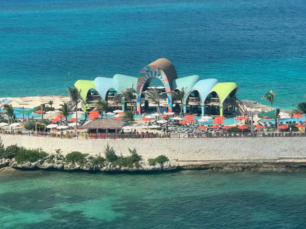 A bright beach club facility with colorful details along the coast of Nassau.
