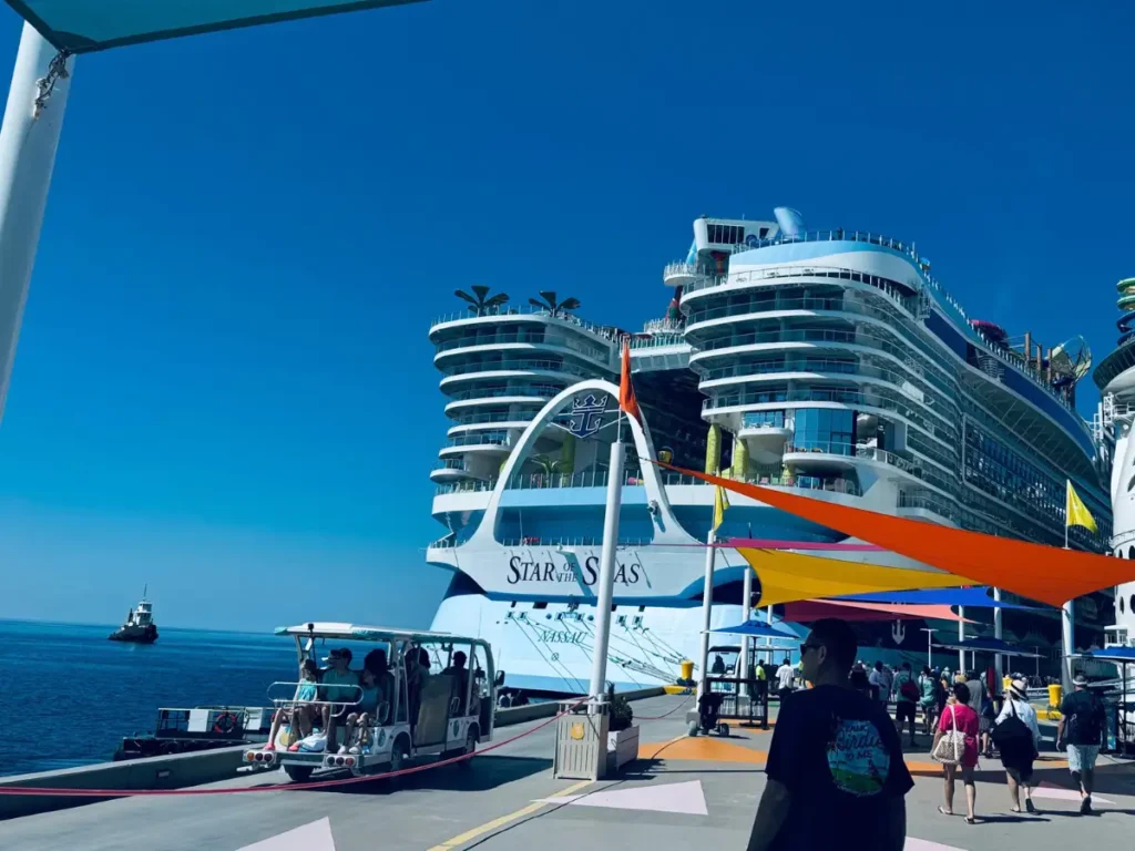 Exterior view of the Star of the Seas cruise ship at port.